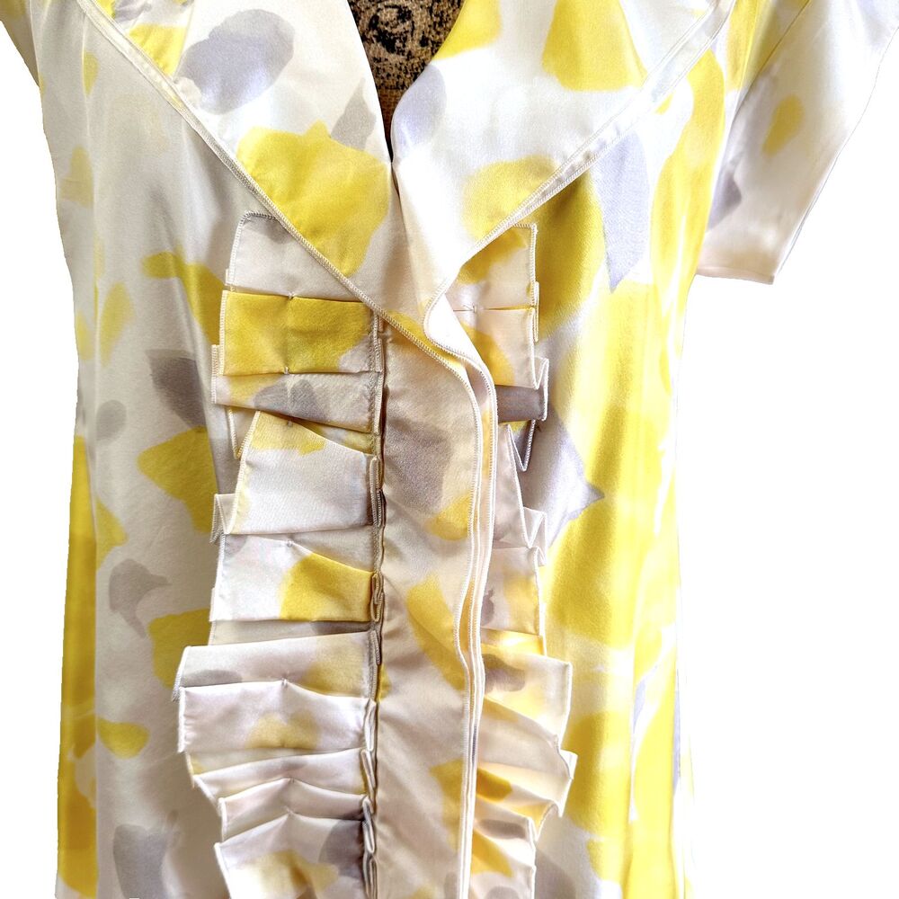 LAVIA 18 Womens Silk Blouse SZ 8 Yellow Grey Abstract Print Front Ruffle Italy